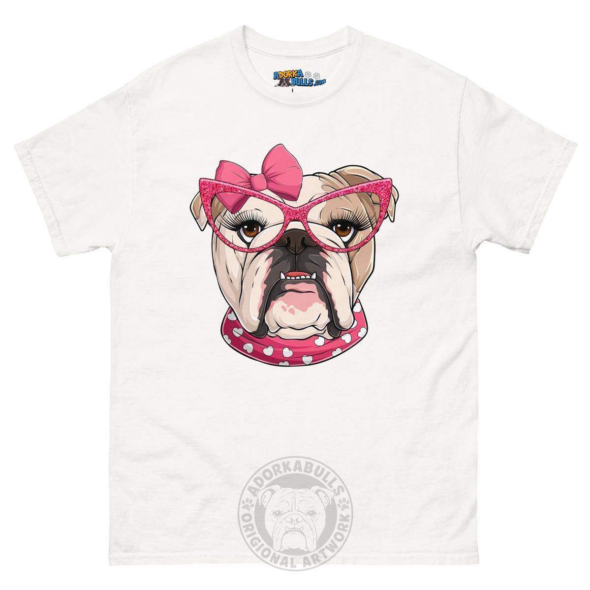 "Too Glam to Give a Woof" Female Bulldog Men’s T-Shirt | Fawn & White Colored