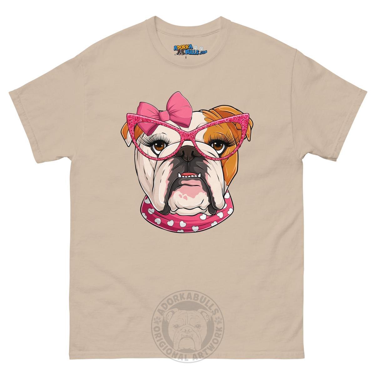 "Too Glam to Give a Woof" Female Bulldog Men’s T-Shirt | Red & White Colored