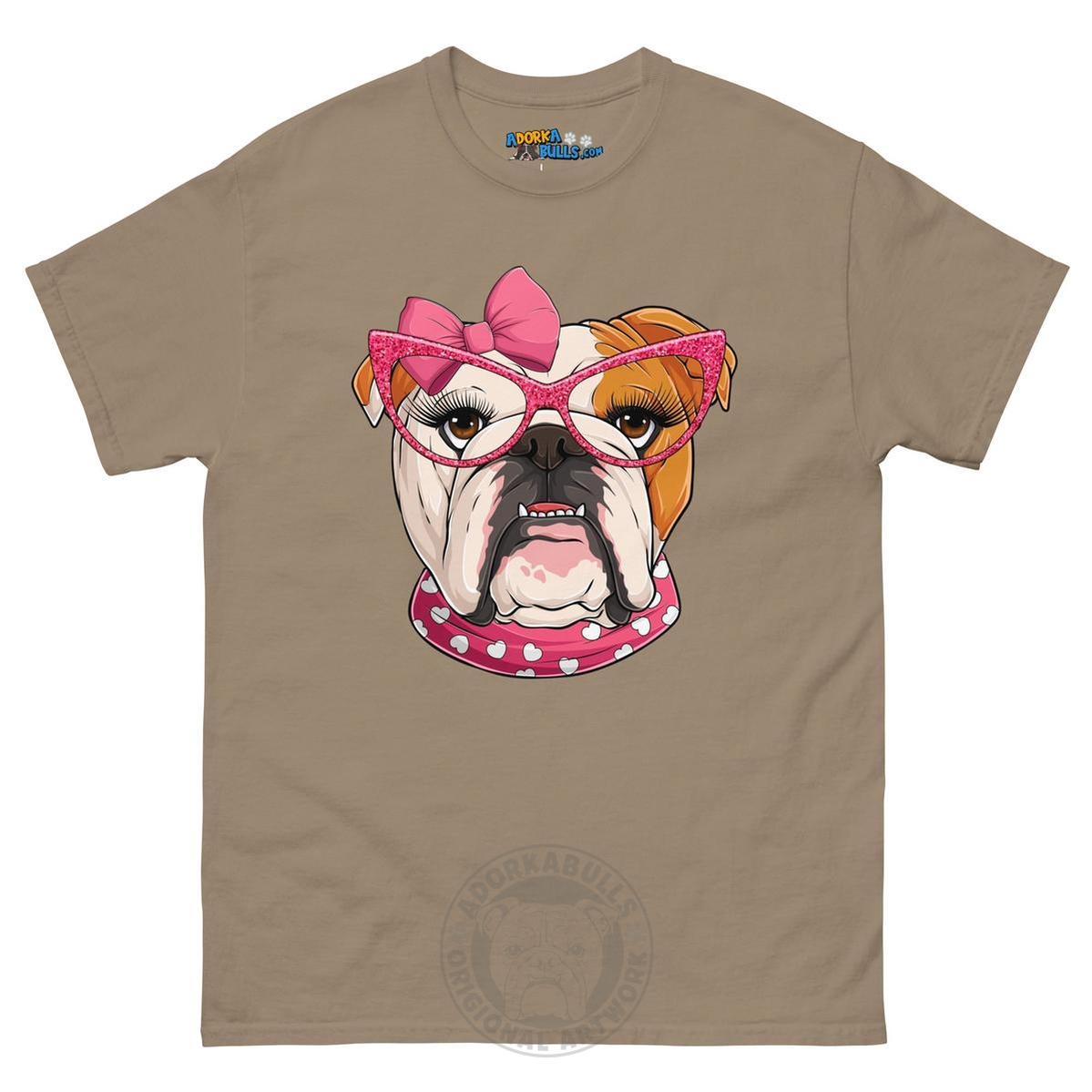 "Too Glam to Give a Woof" Female Bulldog Men’s T-Shirt | Red & White Colored