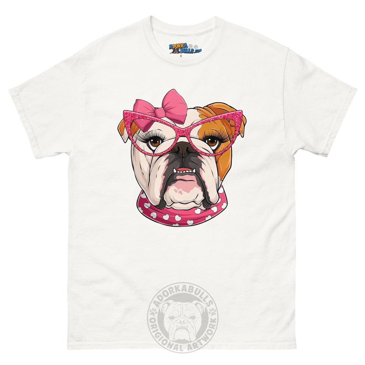 "Too Glam to Give a Woof" Female Bulldog Men’s T-Shirt | Red & White Colored