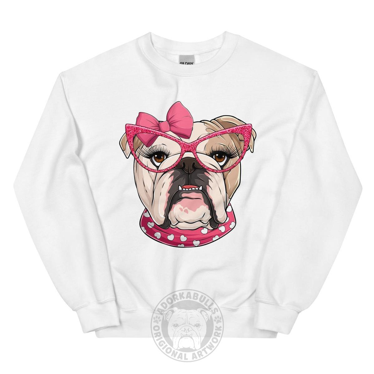 "Too Glam to Give a Woof" – Valentine’s Bulldog Sweatshirt | Fawn & White Colored