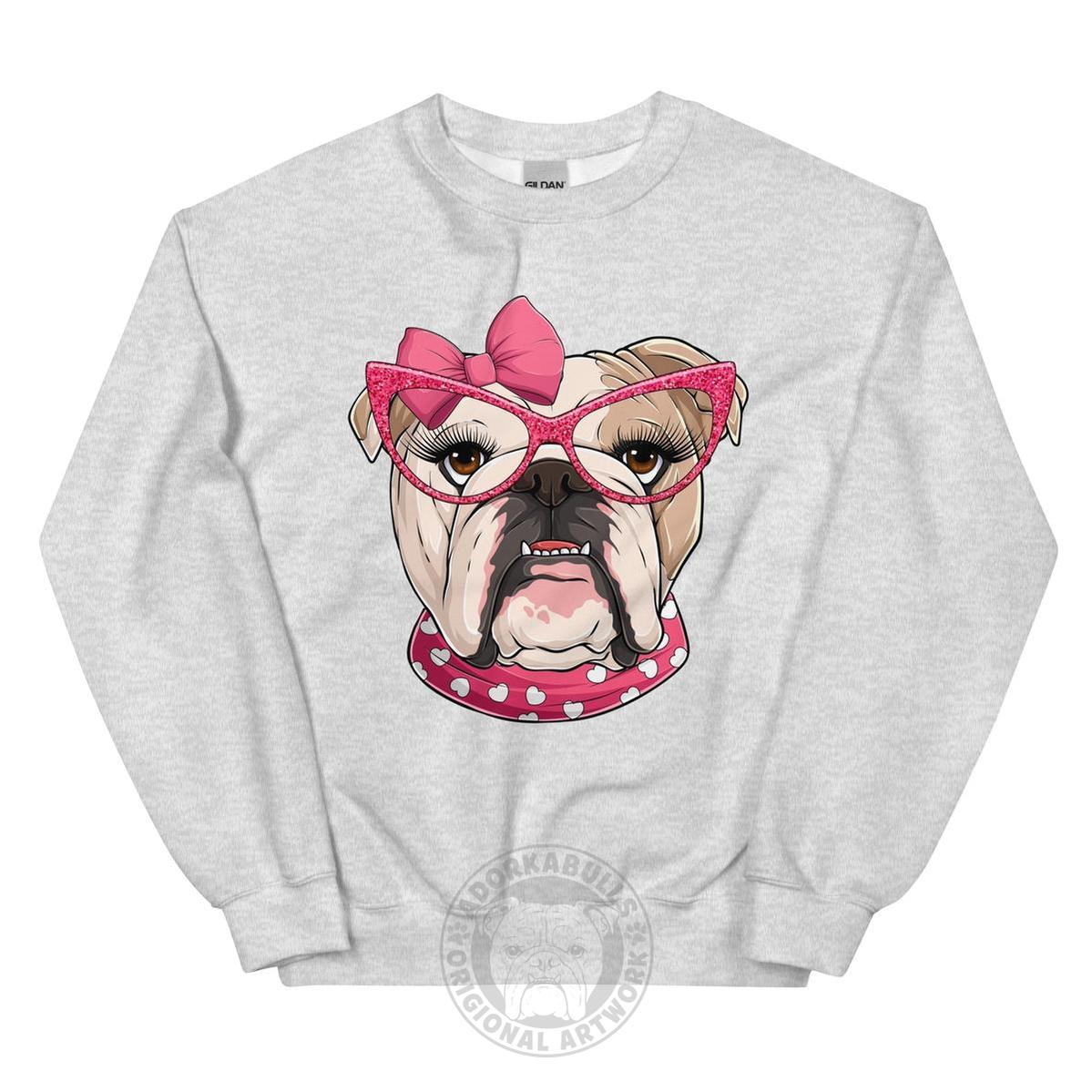 "Too Glam to Give a Woof" – Valentine’s Bulldog Sweatshirt | Fawn & White Colored