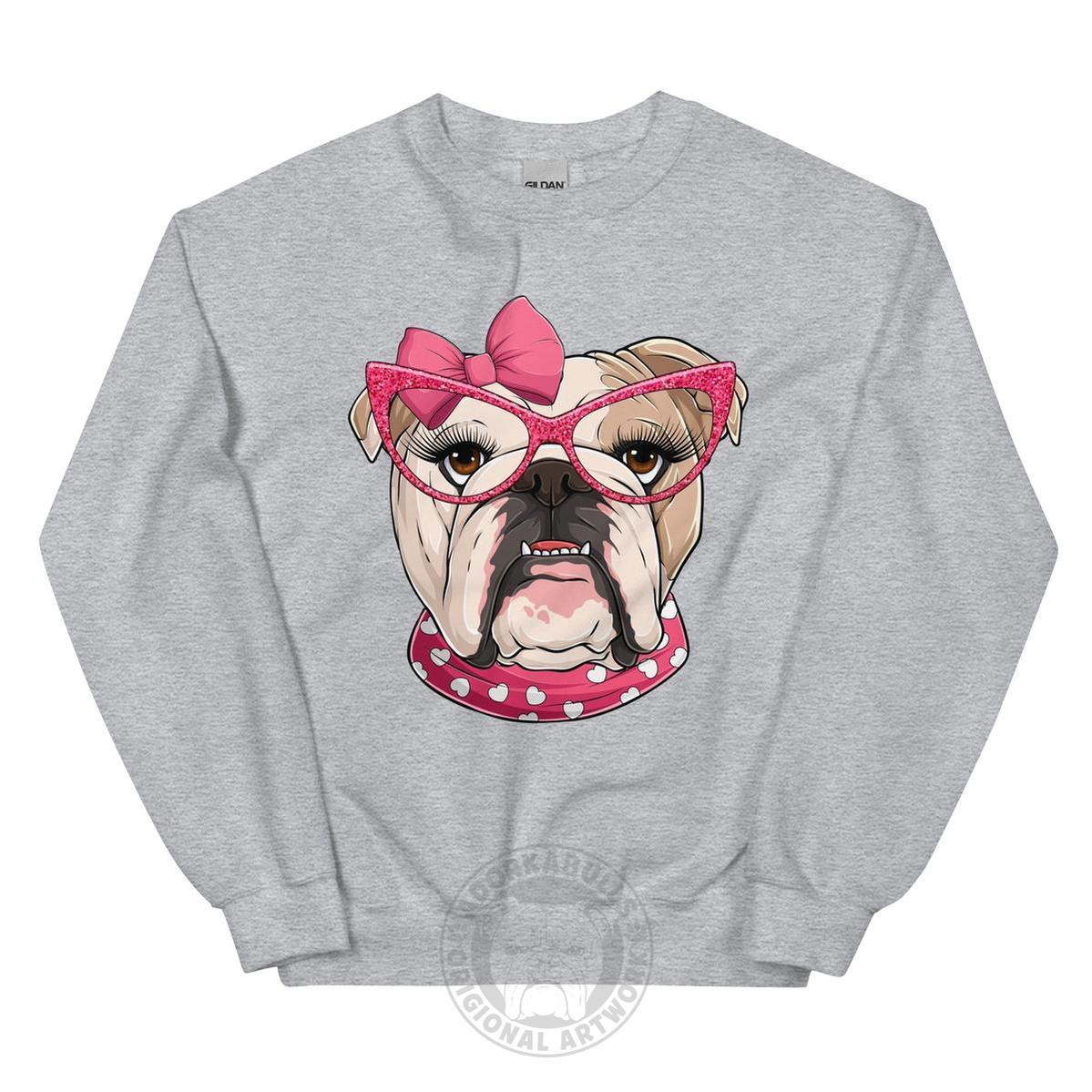 "Too Glam to Give a Woof" – Valentine’s Bulldog Sweatshirt | Fawn & White Colored
