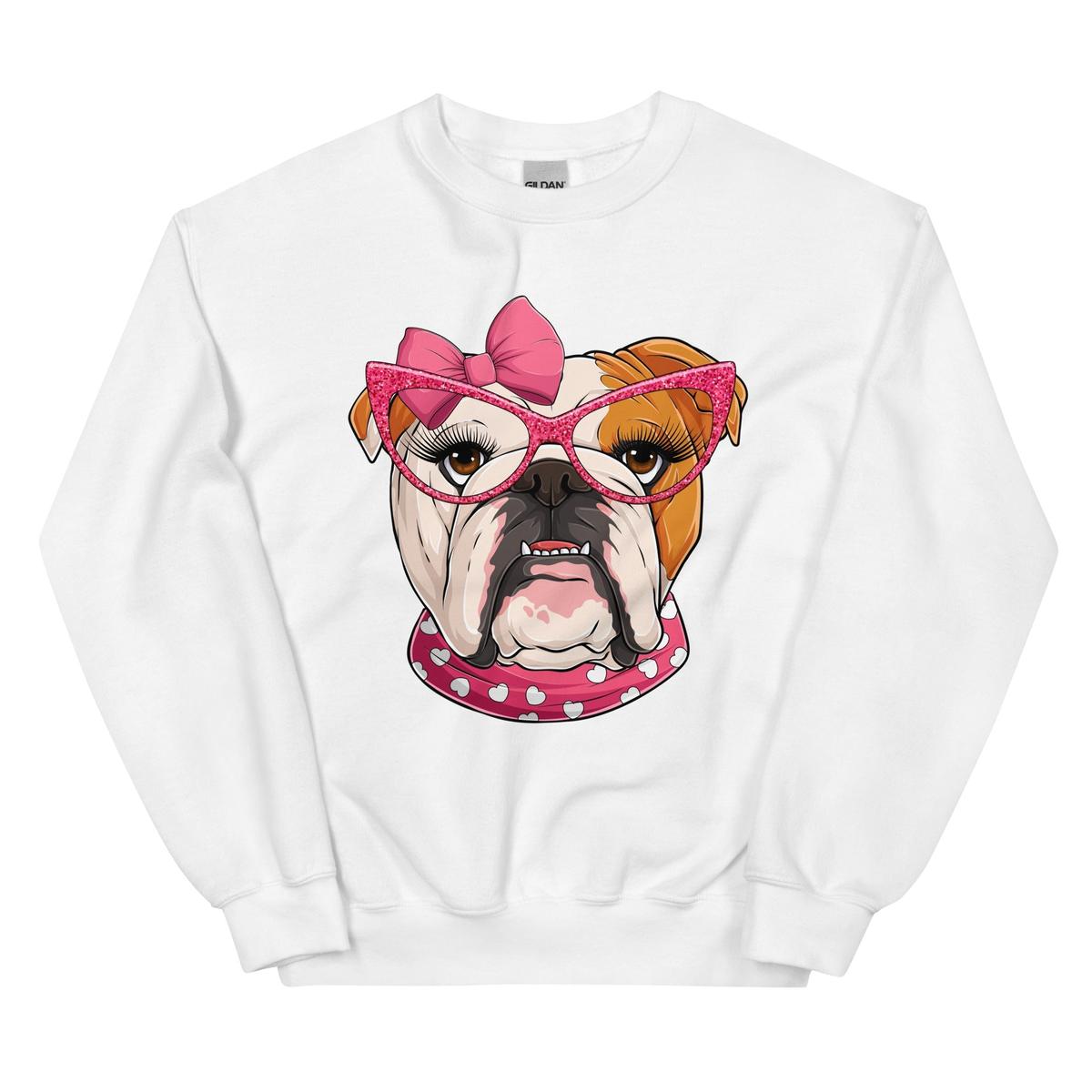 "Too Glam to Give a Woof" – Valentine’s Bulldog Sweatshirt | Red & White Colored