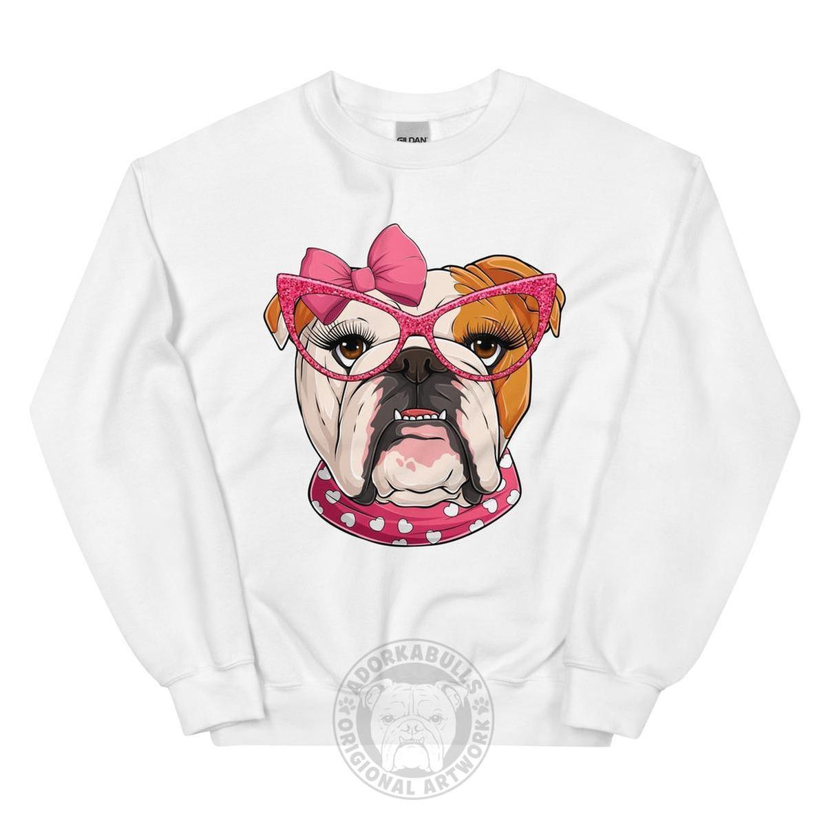 "Too Glam to Give a Woof" – Valentine’s Bulldog Sweatshirt | Red & White Colored