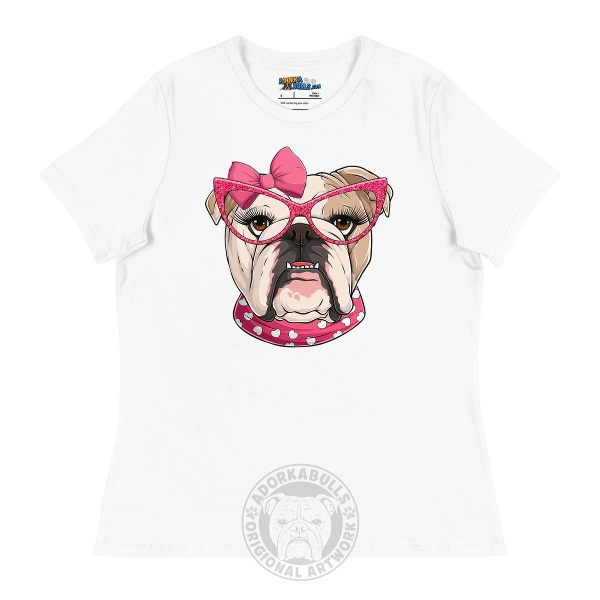 "Too Glam to Give a Woof" Women’s Bulldog T-Shirt | Fawn & White Colored