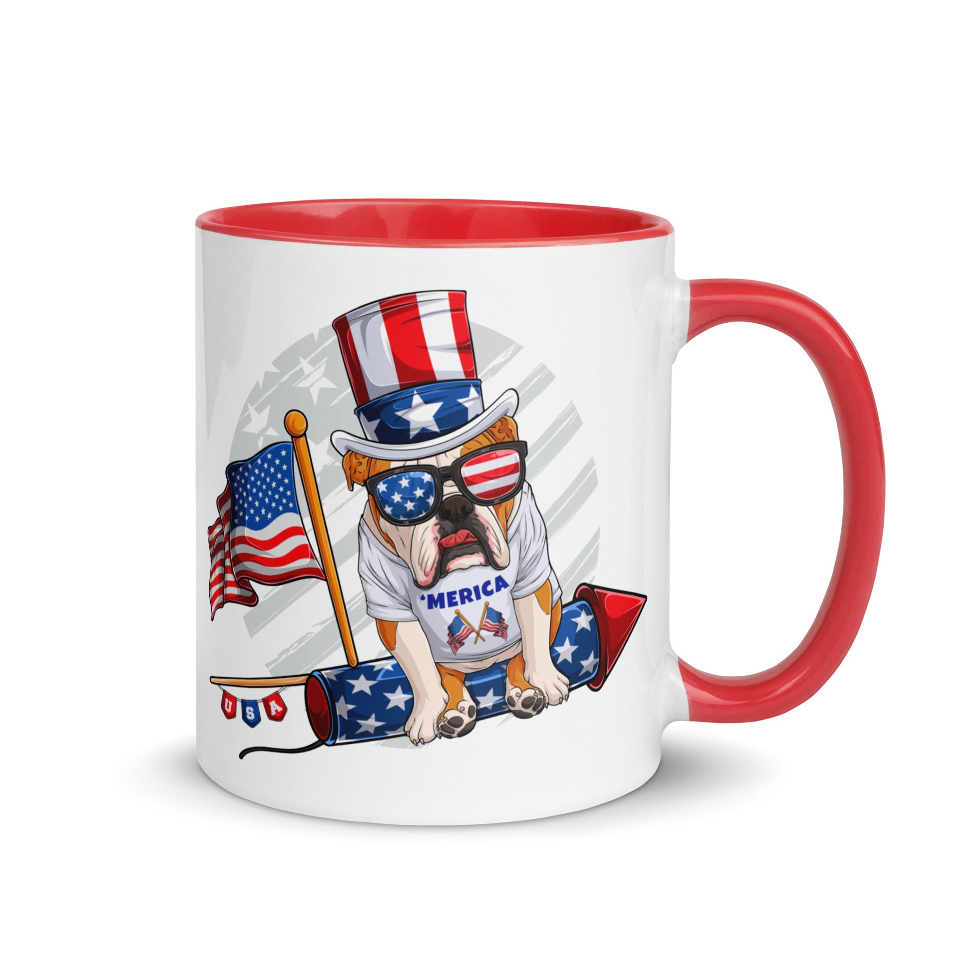 Bulldog Riding Firework Mug | Red & White Colored
