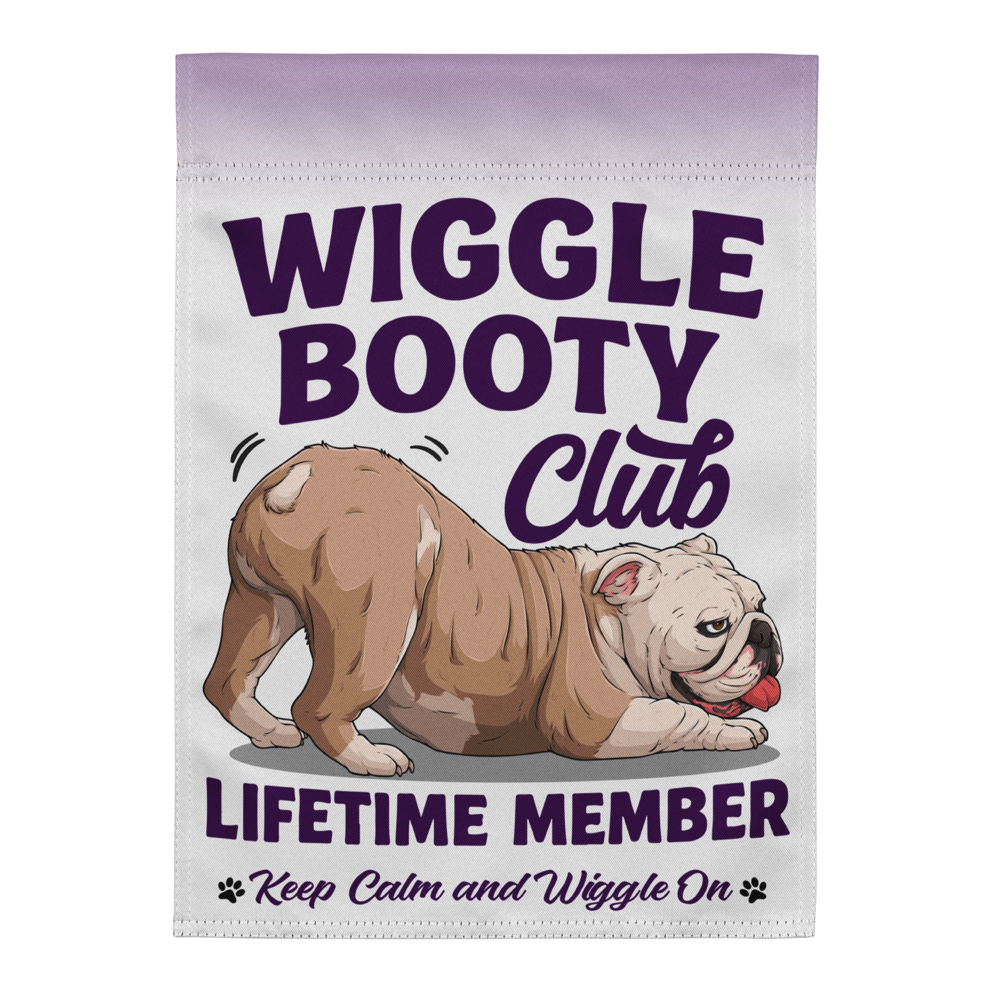 Wiggle Booty Club Garden Flag | Fawn & White Colored English Bulldog