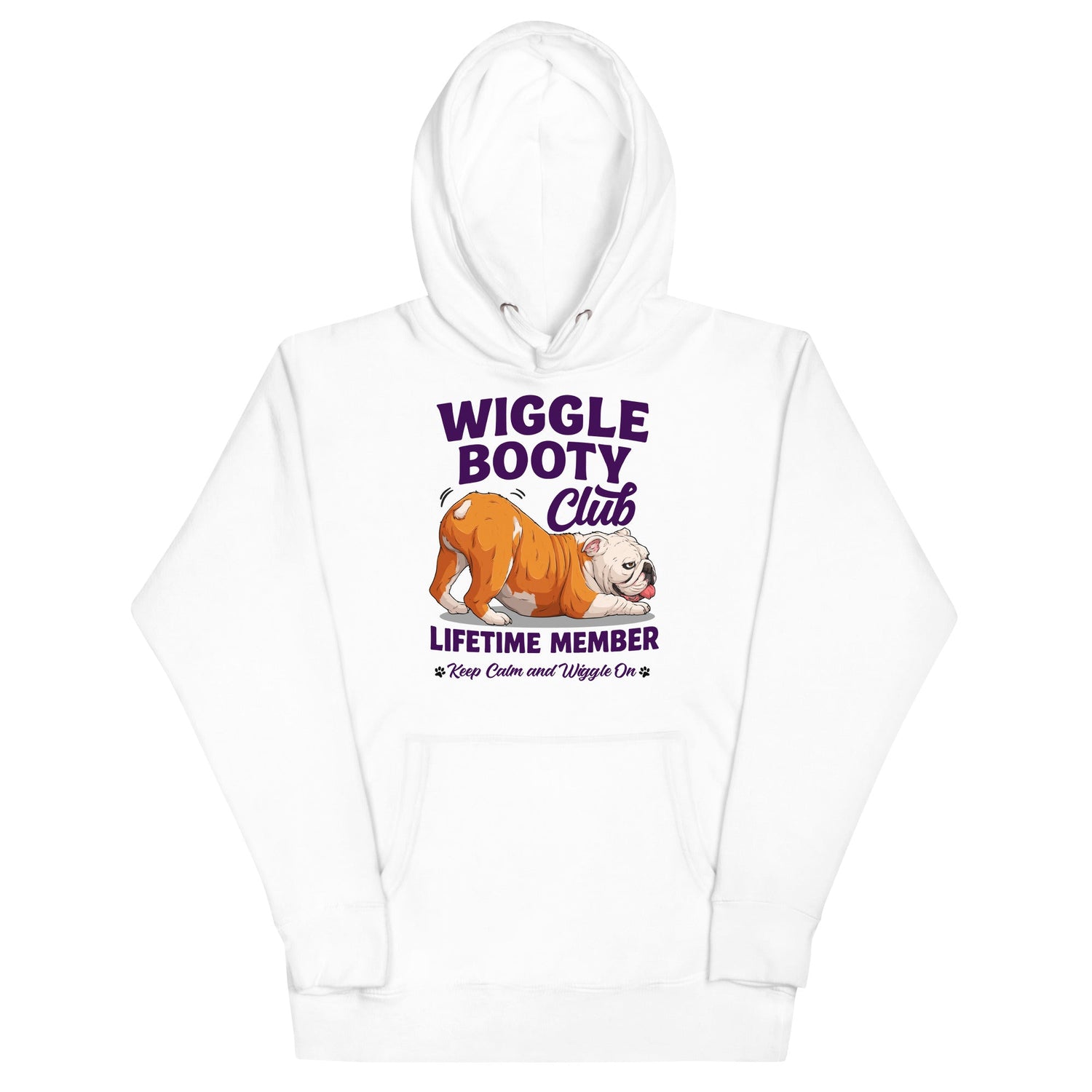 Wiggle Booty Club Unisex Hoodie | Red & White Colored English Bulldog