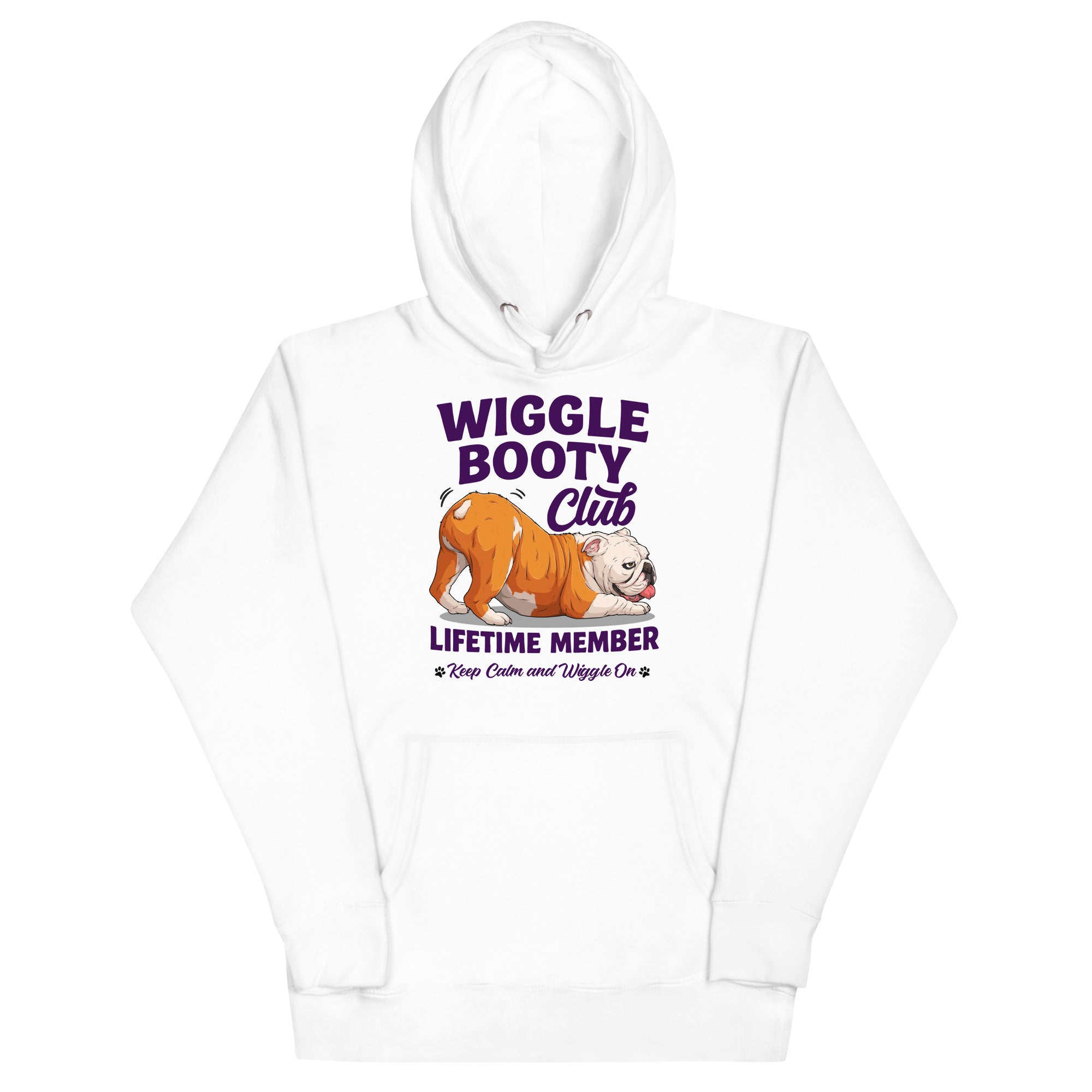 Wiggle Booty Club Unisex Hoodie | Red & White Colored English Bulldog