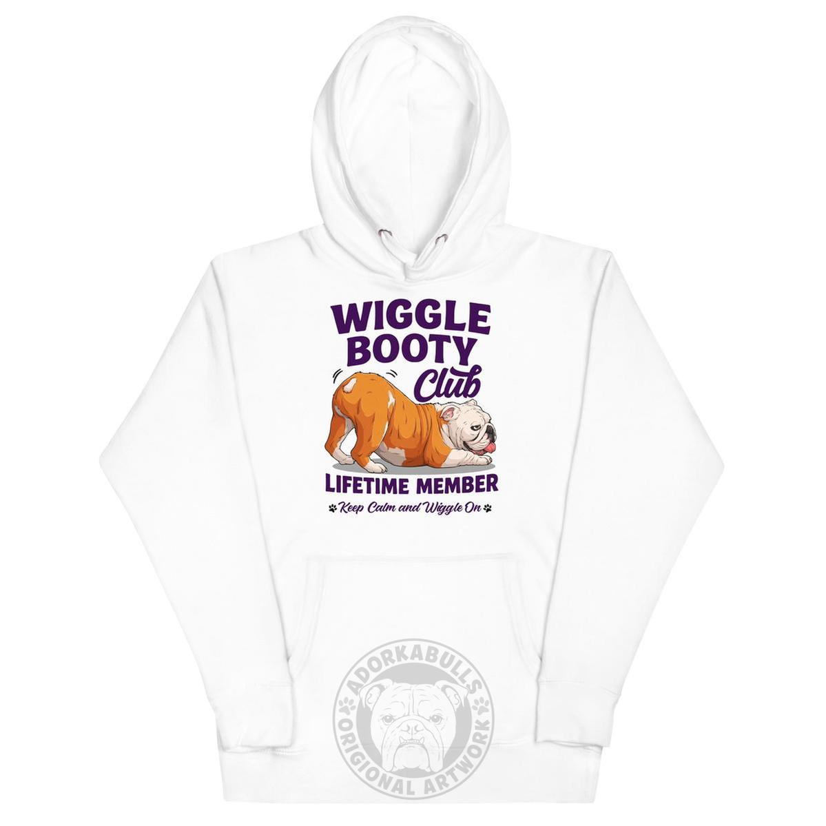 Wiggle Booty Club Unisex Hoodie | Red & White Colored English Bulldog