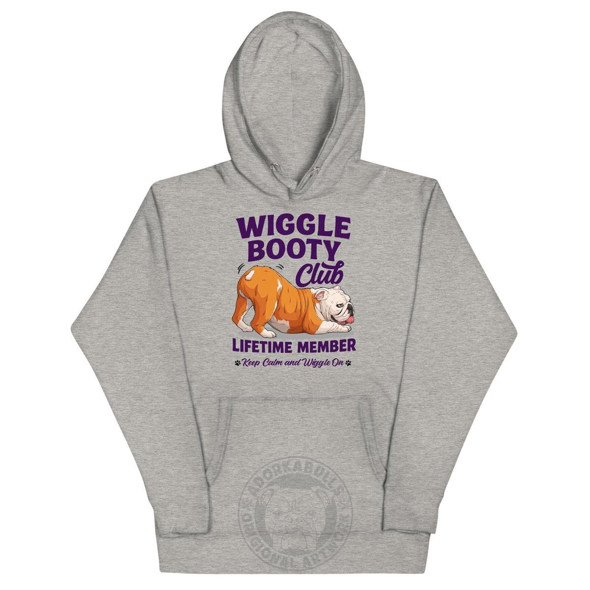 Wiggle Booty Club Unisex Hoodie | Red & White Colored English Bulldog