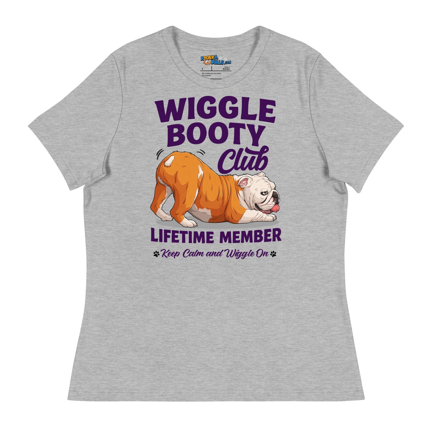 Wiggle Booty Club Women’s Relaxed Tee | Red & White Colored English Bulldog