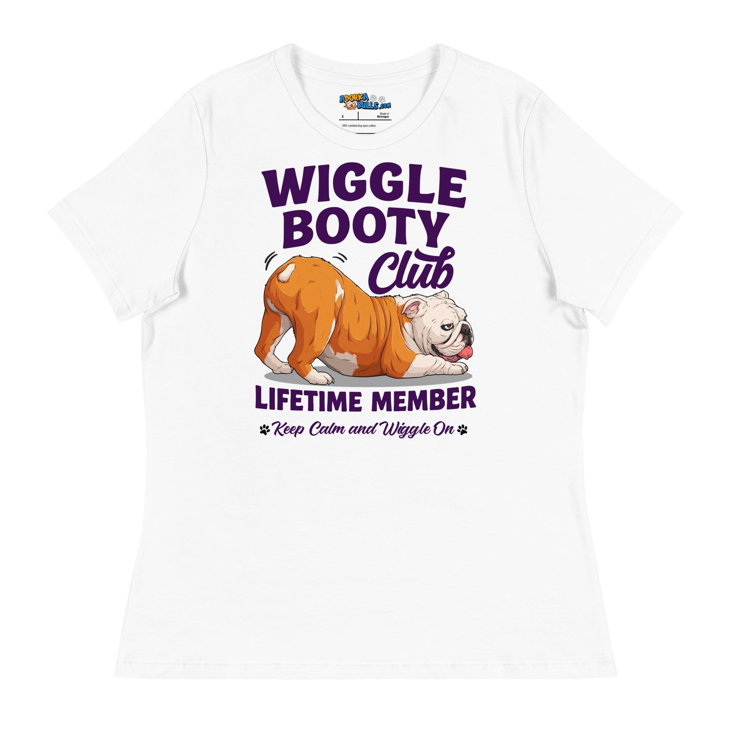 Wiggle Booty Club Women’s Relaxed Tee | Red & White Colored English Bulldog