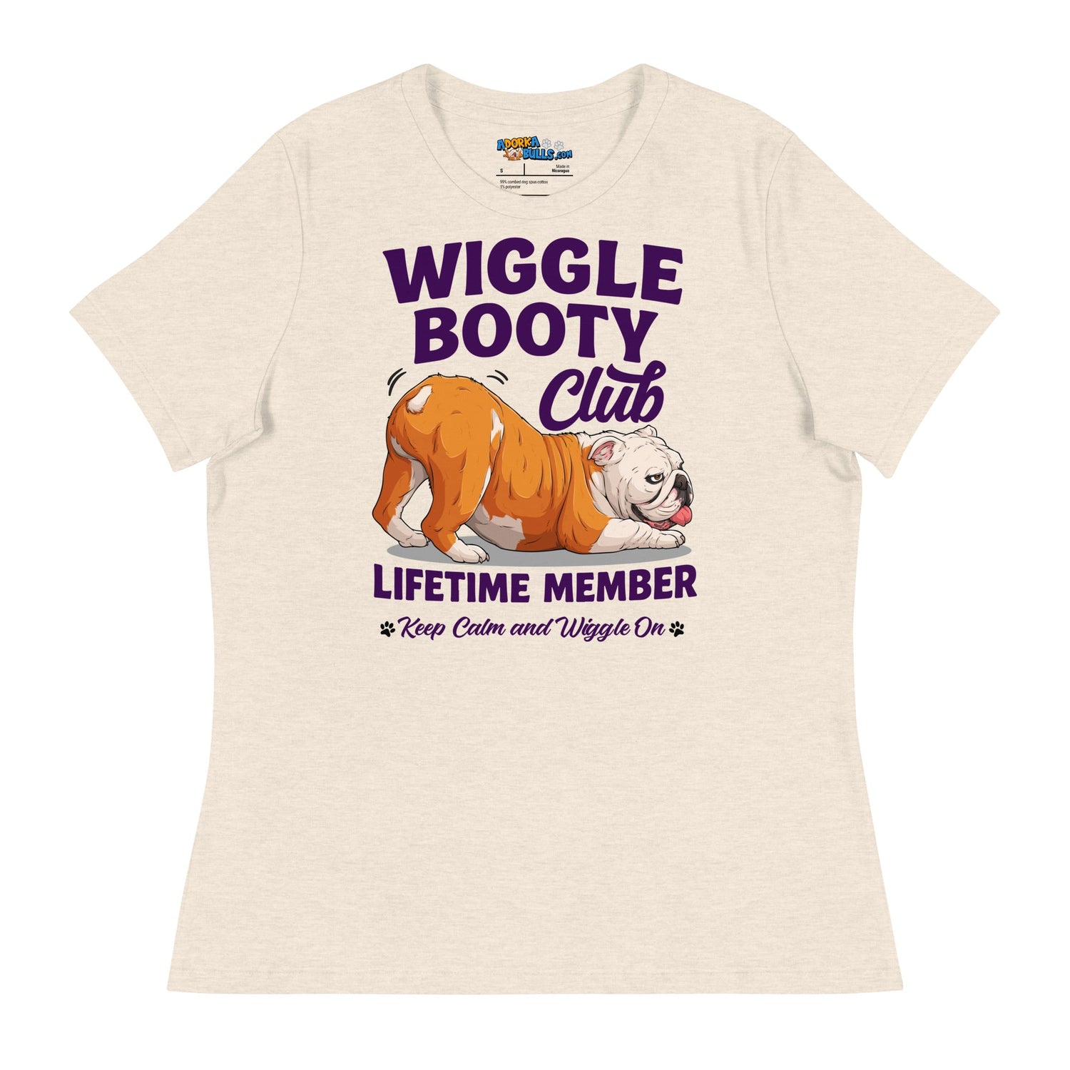 Wiggle Booty Club Women’s Relaxed Tee | Red & White Colored English Bulldog