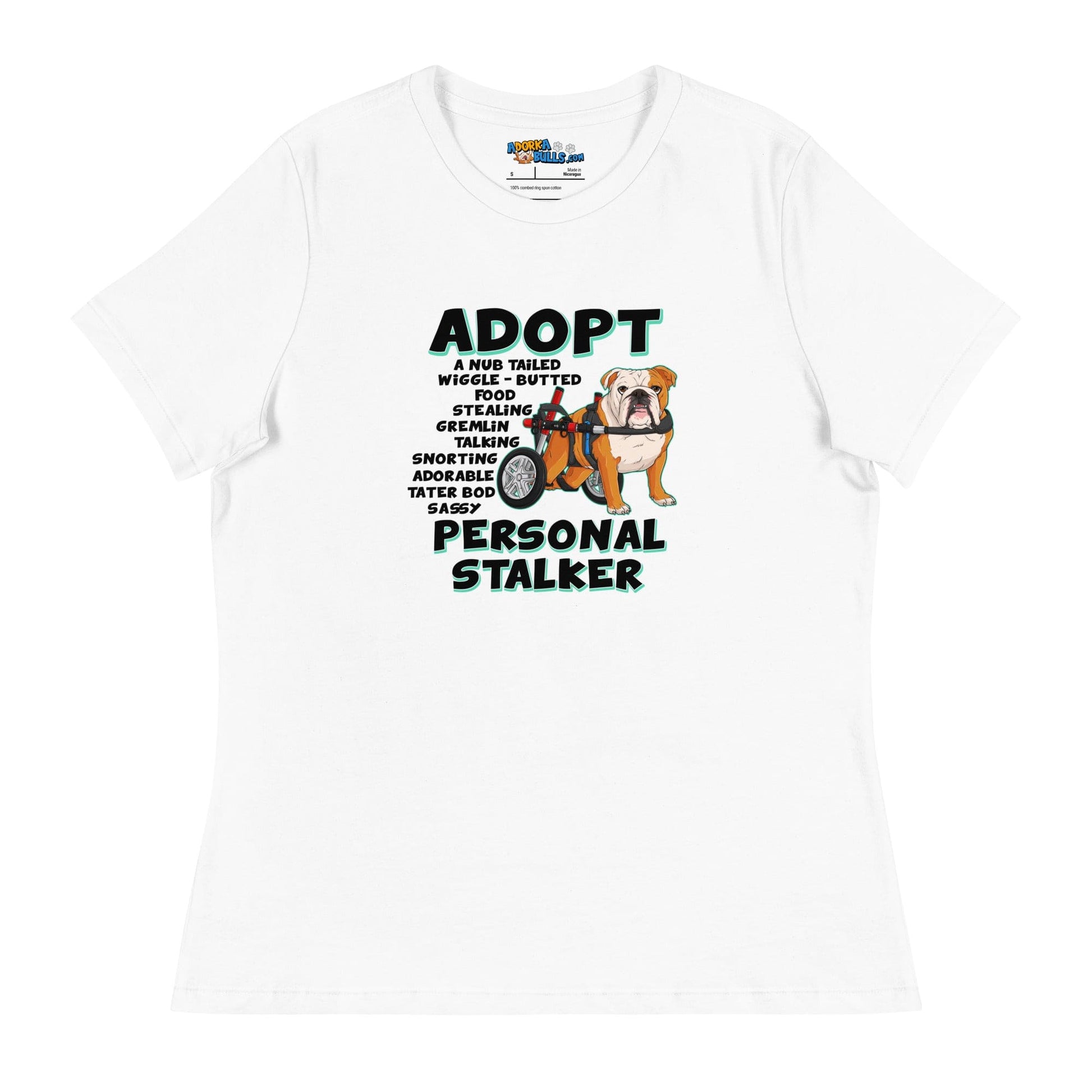 "Adopt A Personal Stalker" Bulldog Women's Relaxed Tee | Red & White Colored in Wheelchair