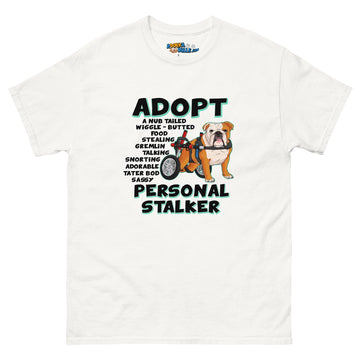 "Adopt A Personal Stalker" English Bulldog Men's Tee | Red & White Colored in Wheelchair