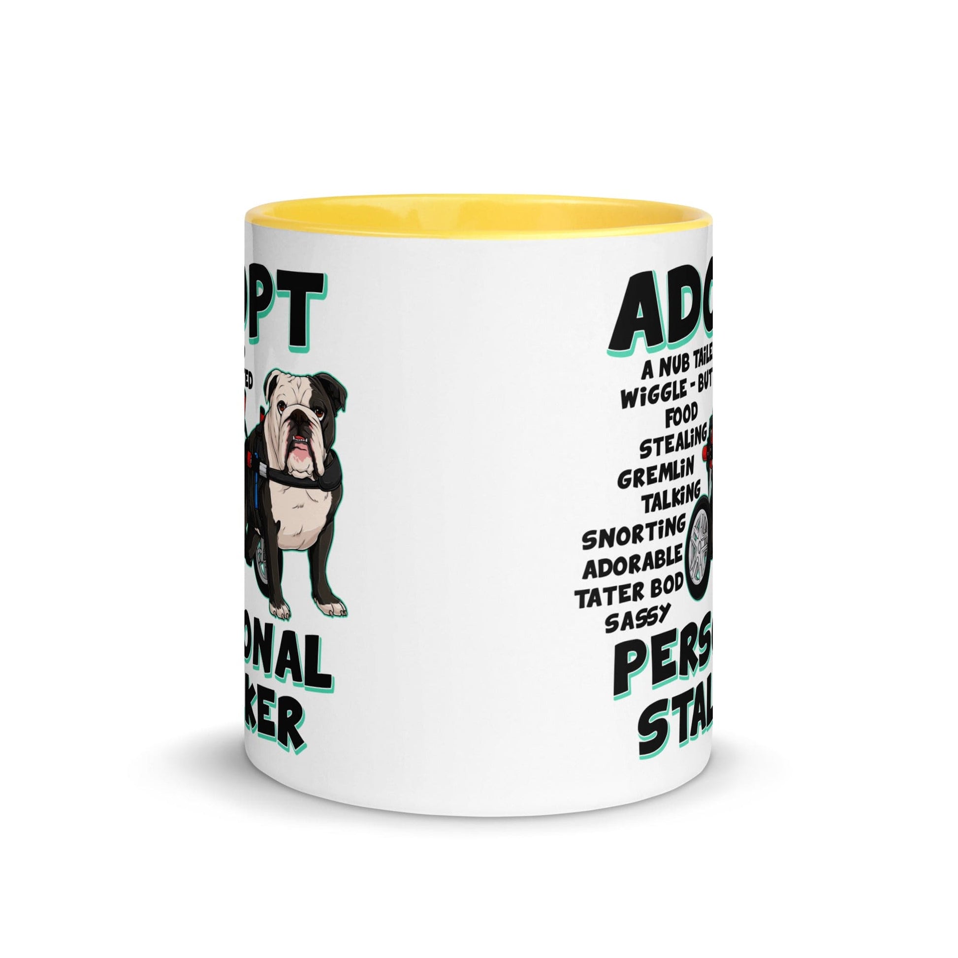 "Adopt A Personal Stalker" English Bulldog Mug | B&W Colored in Wheelchair