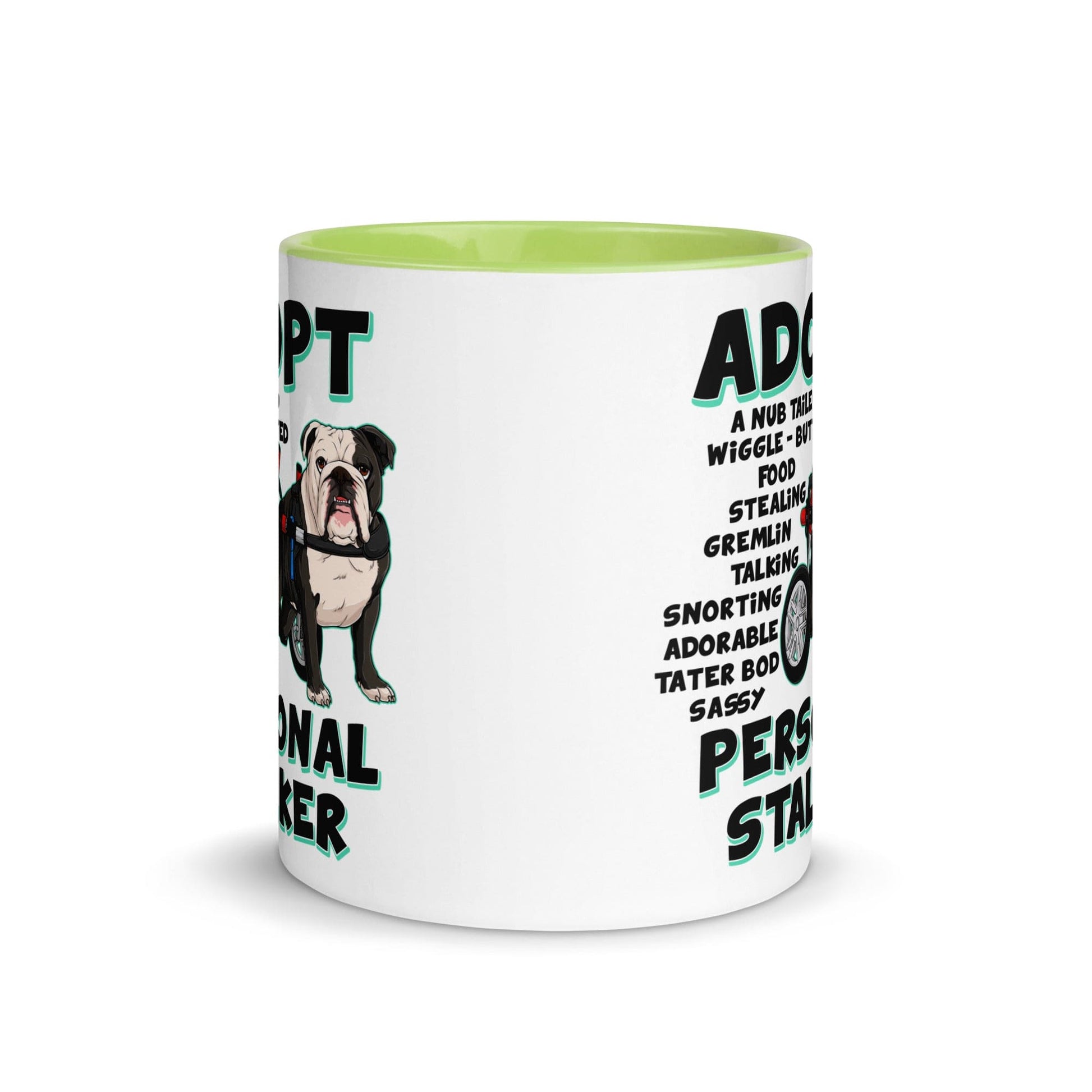 "Adopt A Personal Stalker" English Bulldog Mug | B&W Colored in Wheelchair