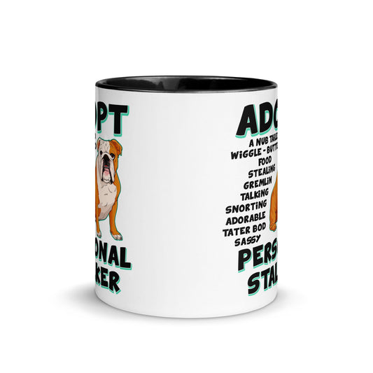 "Adopt A Personal Stalker" English Bulldog Mug | Red & White Colored