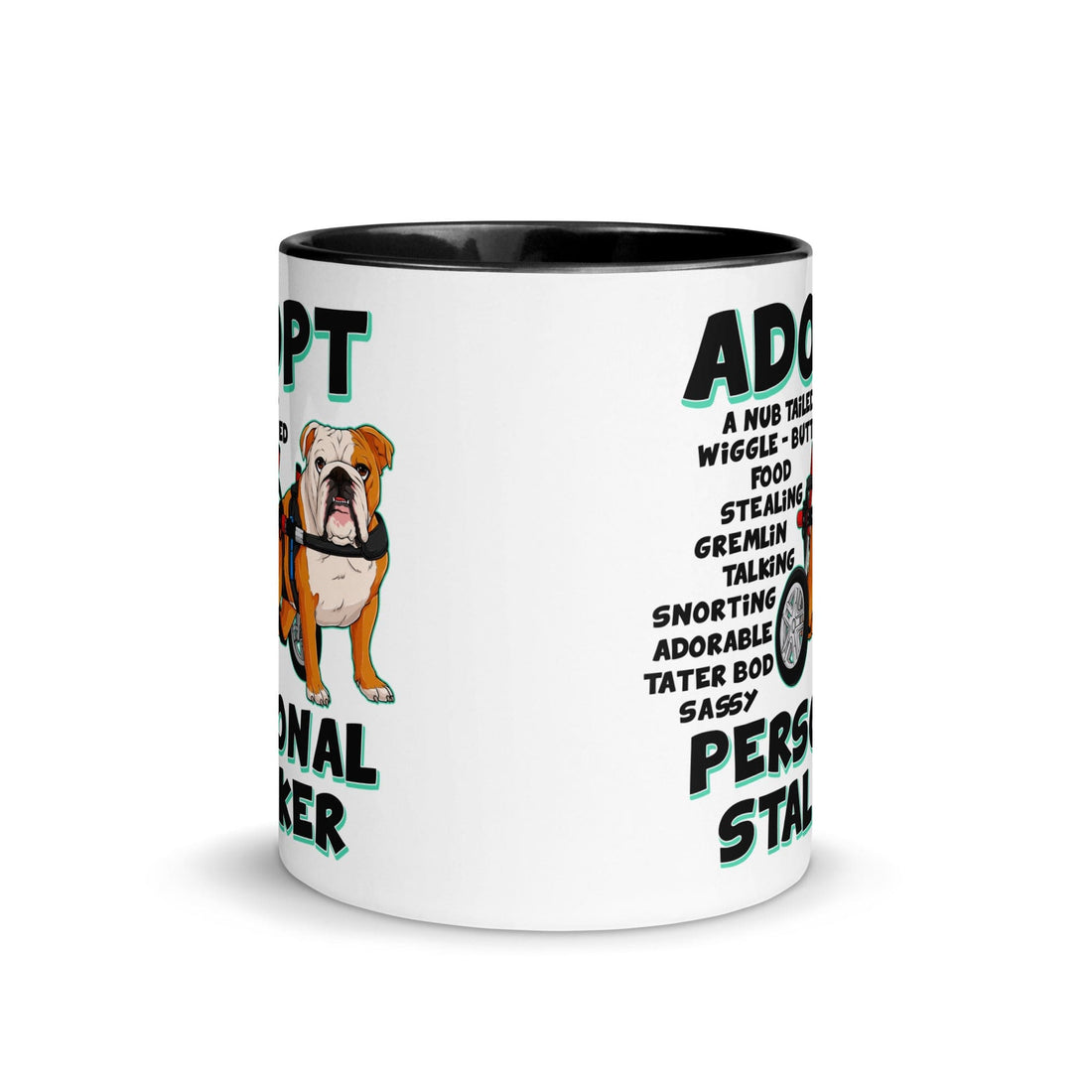 &quot;Adopt A Personal Stalker&quot; English Bulldog Mug | Red &amp; White Colored in Wheelchair