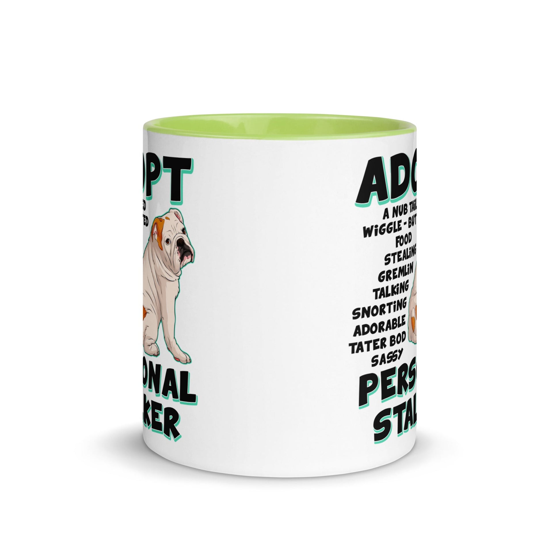 "Adopt A Personal Stalker" English Bulldog Mug | White & Red Colored