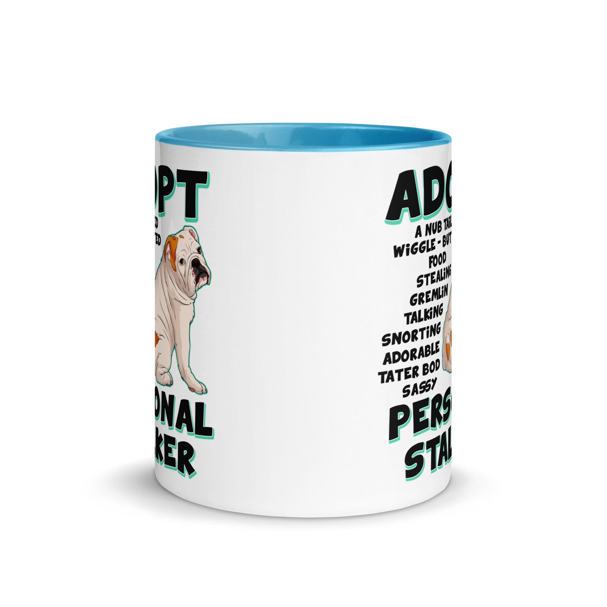 "Adopt A Personal Stalker" English Bulldog Mug | White & Red Colored