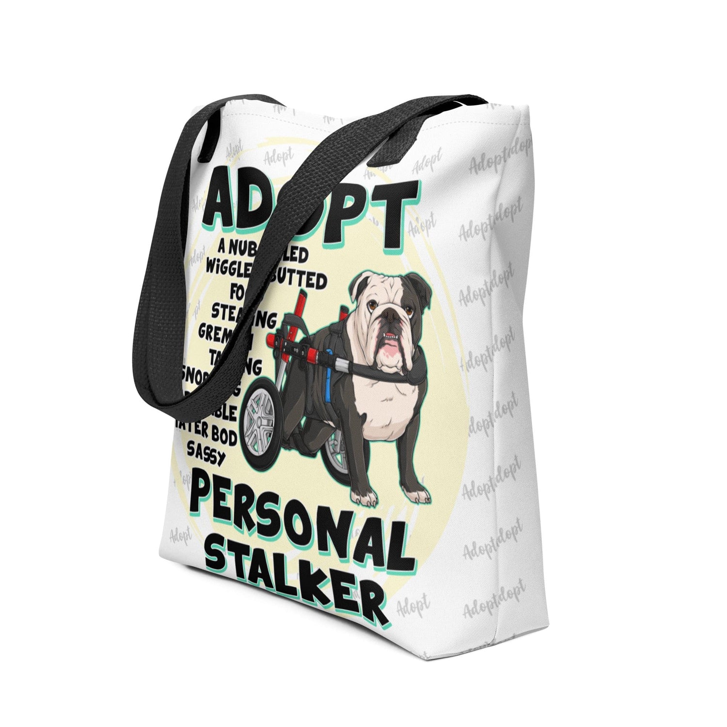 &quot;Adopt A Personal Stalker&quot; English Bulldog Tote Bag | B&amp;W Colored in Wheelchair