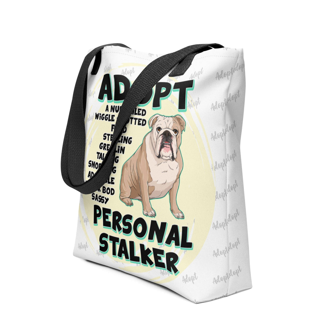 &quot;Adopt A Personal Stalker&quot; English Bulldog Tote Bag | Fawn &amp; White Colored