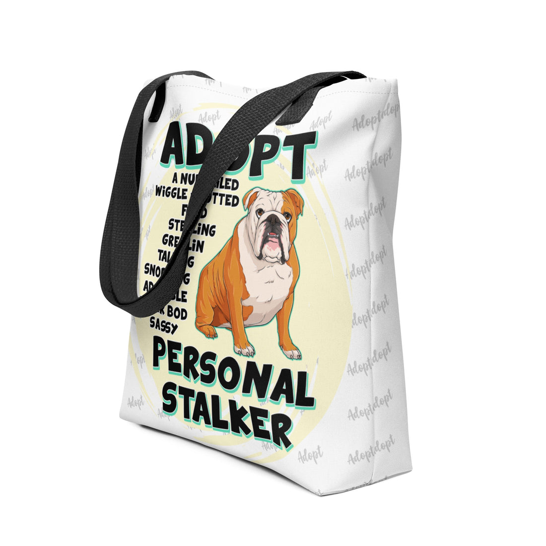 &quot;Adopt A Personal Stalker&quot; English Bulldog Tote Bag | Red &amp; White Colored