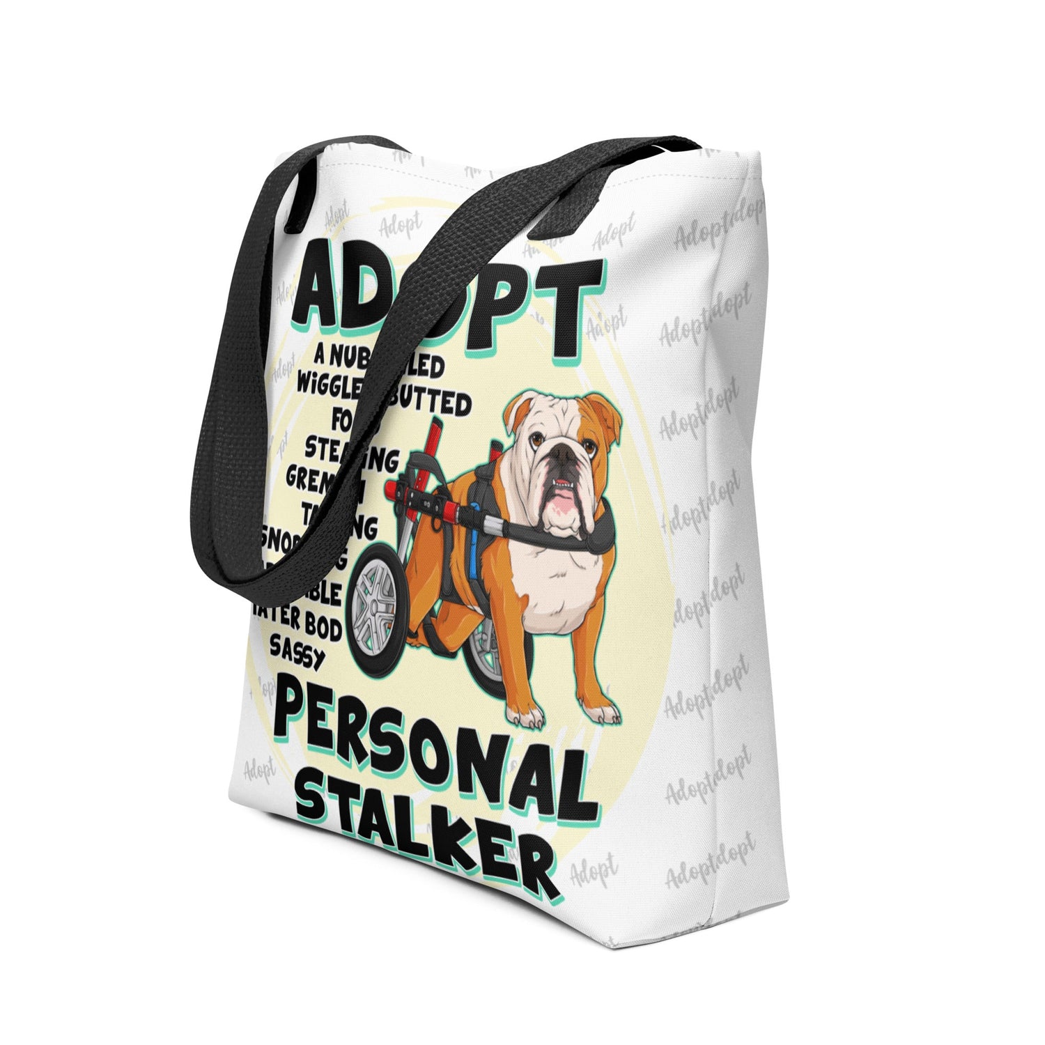 &quot;Adopt A Personal Stalker&quot; English Bulldog Tote Bag | Red &amp; White Colored in Wheelchair