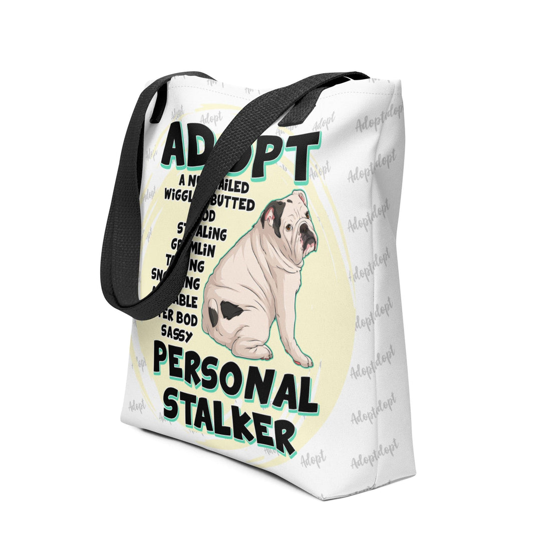 &quot;Adopt A Personal Stalker&quot; English Bulldog Tote Bag | White &amp; Black Colored