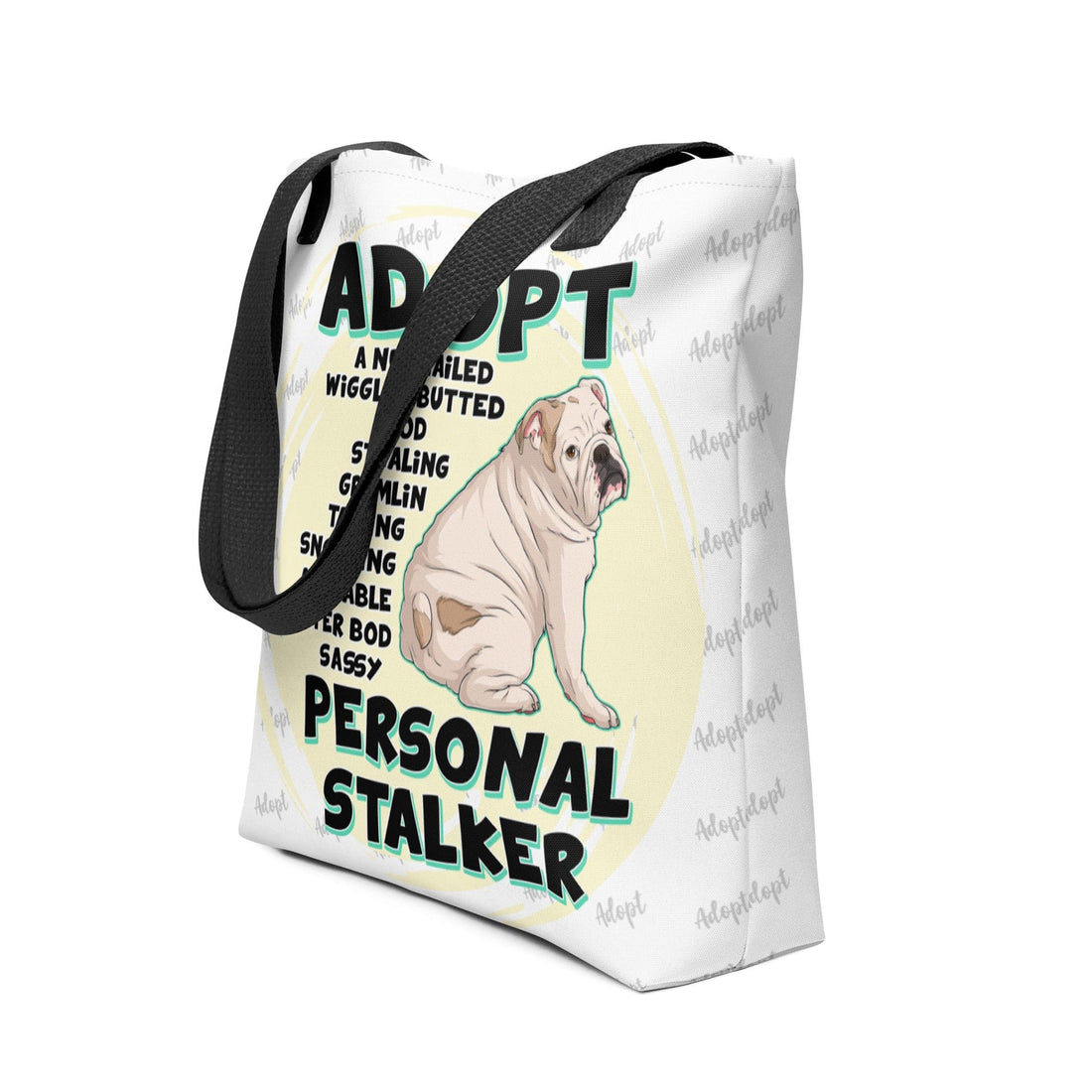 &quot;Adopt A Personal Stalker&quot; English Bulldog Tote Bag | White &amp; Fawn Colored