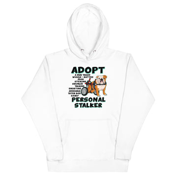 "Adopt A Personal Stalker" English Bulldog Unisex Hoodie | Fawn & White Colored Bifida in Wheelchair