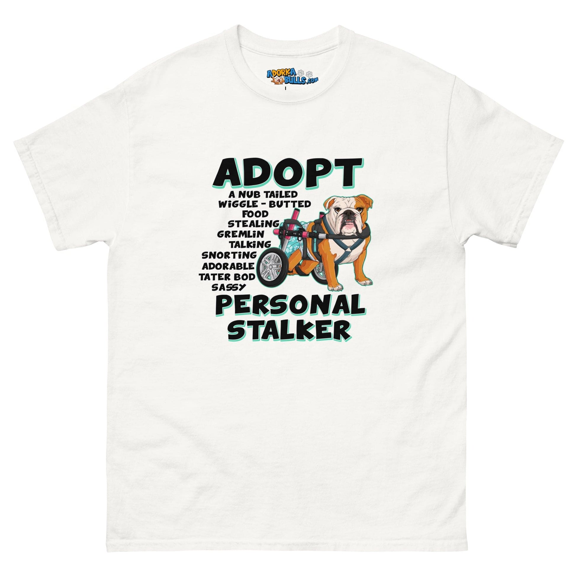 "Adopt A Personal Stalker" Female English Bulldog Men's Tee | Red & White Colored with Spina Bifida in Wheelchair