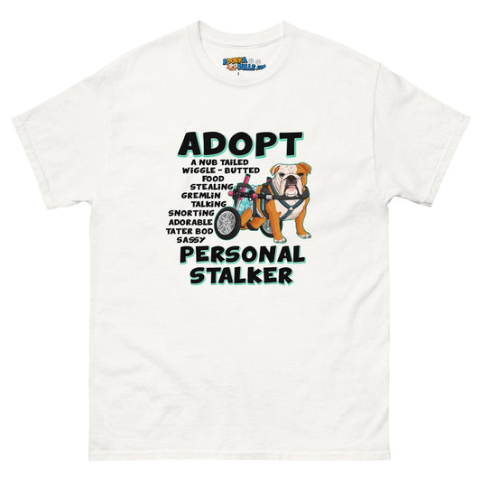 "Adopt A Personal Stalker" Female English Bulldog Men's Tee | Red & White Colored with Spina Bifida in Wheelchair