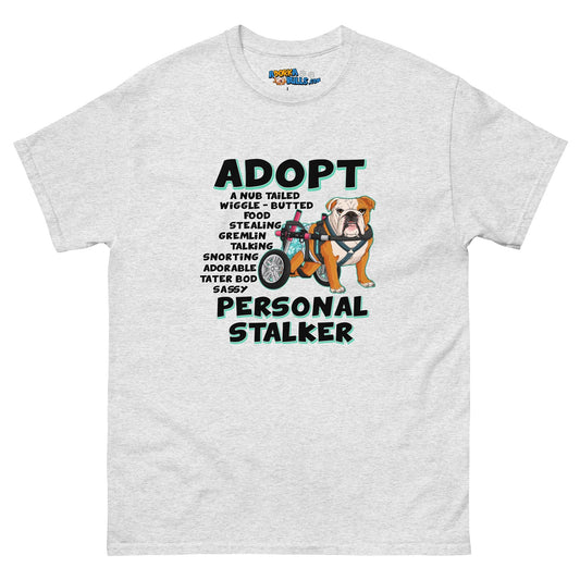 "Adopt A Personal Stalker" Female English Bulldog Men's Tee | Red & White Colored with Spina Bifida in Wheelchair