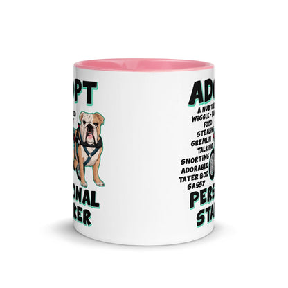 &quot;Adopt A Personal Stalker&quot; Female English Bulldog Mug | Fawn &amp; White Colored with Spina Bifida in Wheelchair