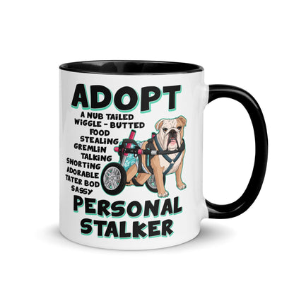 &quot;Adopt A Personal Stalker&quot; Female English Bulldog Mug | Fawn &amp; White Colored with Spina Bifida in Wheelchair