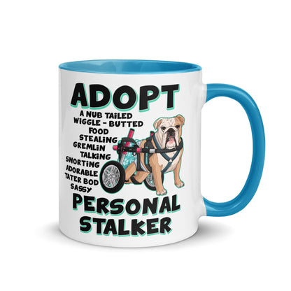 &quot;Adopt A Personal Stalker&quot; Female English Bulldog Mug | Fawn &amp; White Colored with Spina Bifida in Wheelchair