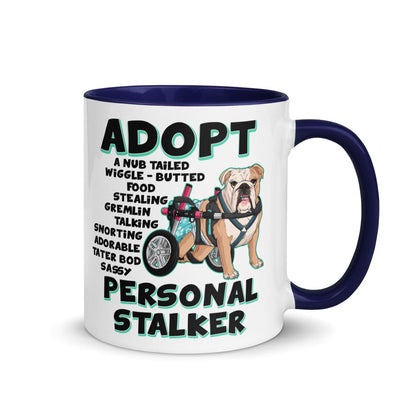 &quot;Adopt A Personal Stalker&quot; Female English Bulldog Mug | Fawn &amp; White Colored with Spina Bifida in Wheelchair