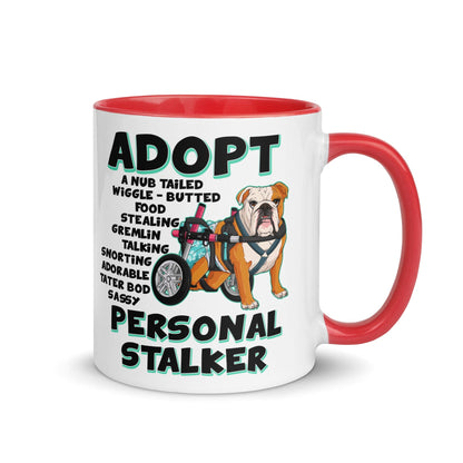 &quot;Adopt A Personal Stalker&quot; Female English Bulldog Mug | Red &amp; White Colored with Spina Bifida in Wheelchair