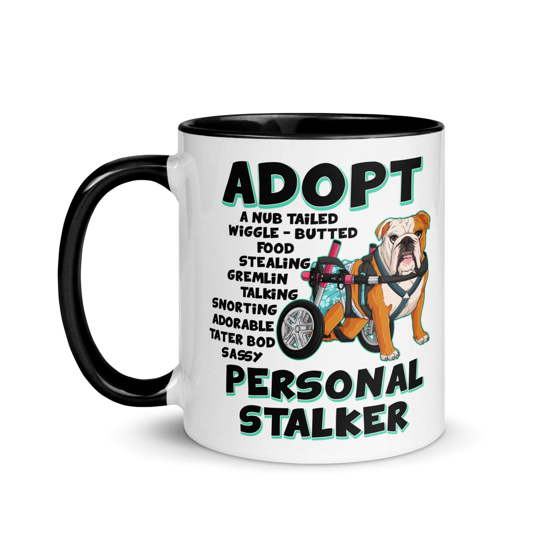 "Adopt A Personal Stalker" Female English Bulldog Mug | Red & White Colored with Spina Bifida in Wheelchair
