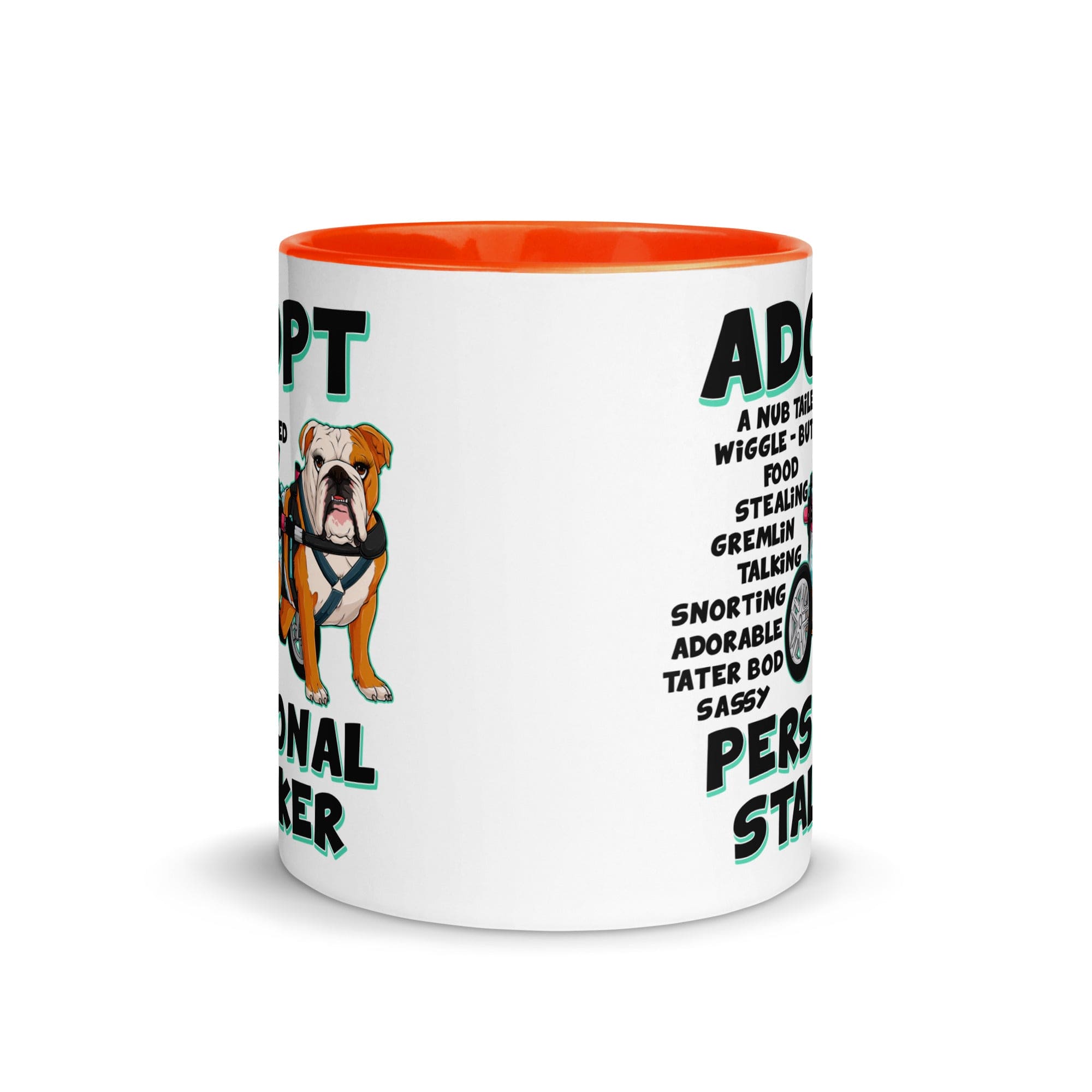 &quot;Adopt A Personal Stalker&quot; Female English Bulldog Mug | Red &amp; White Colored with Spina Bifida in Wheelchair