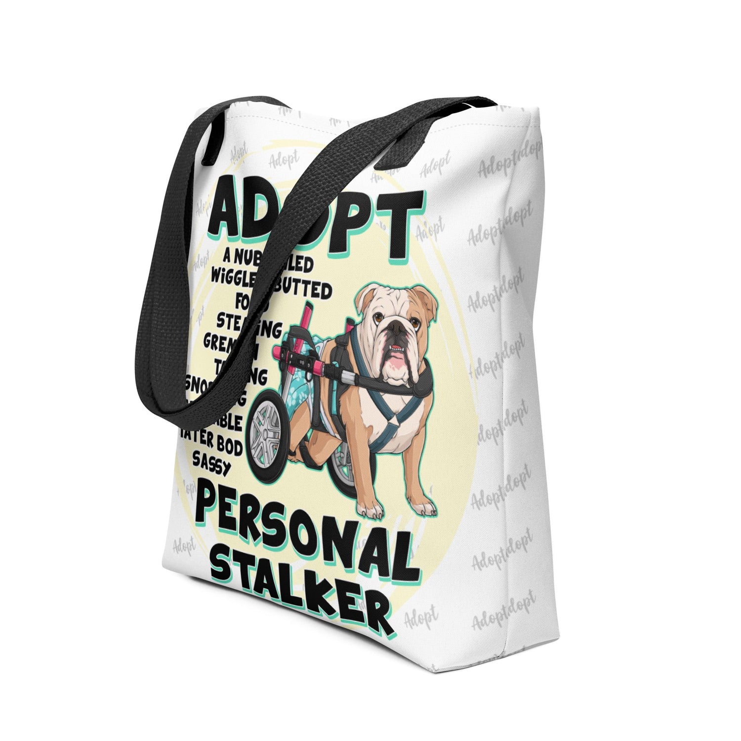 &quot;Adopt A Personal Stalker&quot; Female English Bulldog Tote Bag | Fawn &amp; White Colored with Spina Bifida in Wheelchair