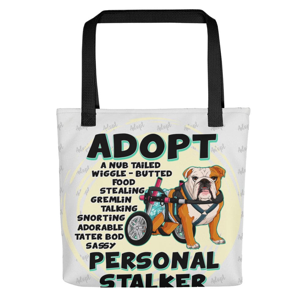 &quot;Adopt A Personal Stalker&quot; Female English Bulldog Tote Bag | Red &amp; White Colored with Spina Bifida in Wheelchair