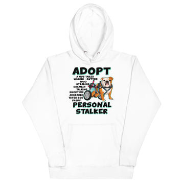 "Adopt A Personal Stalker" Female English Bulldog Unisex Hoodie | Red & White Colored with Spina Bifida in Wheelchair