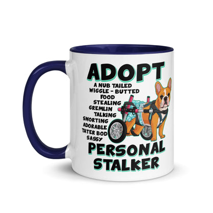 &quot;Adopt A Personal Stalker&quot; Female French Bulldog Mug | Red &amp; White Colored with Spina Bifida in Wheelchair