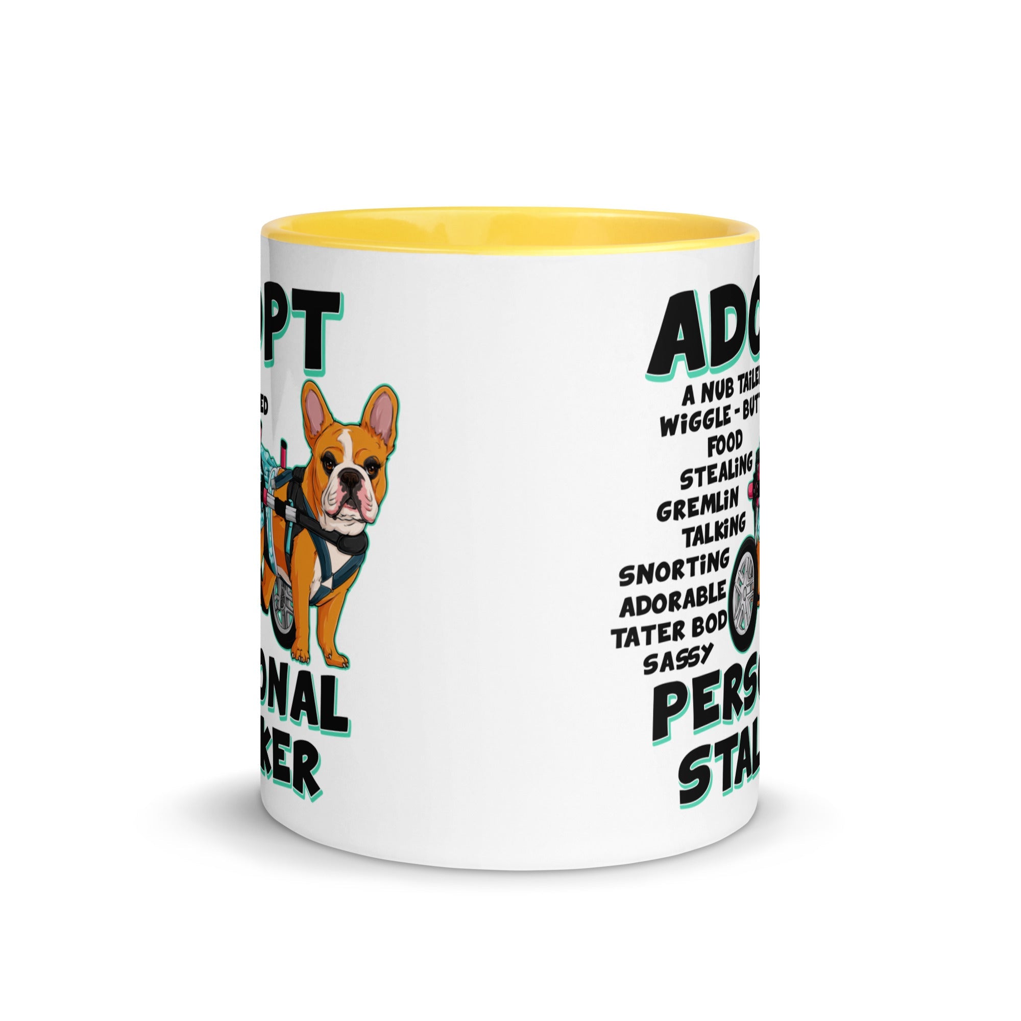 &quot;Adopt A Personal Stalker&quot; Female French Bulldog Mug | Red &amp; White Colored with Spina Bifida in Wheelchair