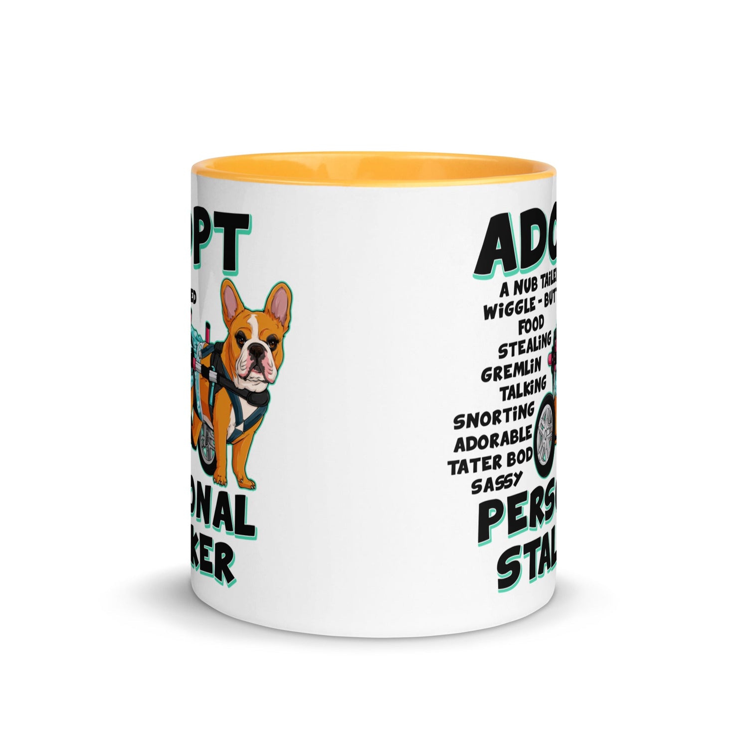 &quot;Adopt A Personal Stalker&quot; Female French Bulldog Mug | Red &amp; White Colored with Spina Bifida in Wheelchair